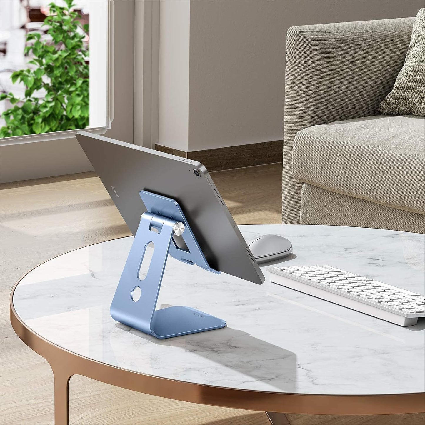 OMOTON Adjustable Tablet Stand for Desk, Upgraded Longer Arms for Greater Stability, T2 Tablet Holder with Hollow Design for Bigger Sized Phones and Tablets Such as iPad Pro/Air/Mini, Blue