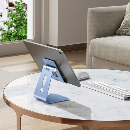 OMOTON Adjustable Tablet Stand for Desk, Upgraded Longer Arms for Greater Stability, T2 Tablet Holder with Hollow Design for Bigger Sized Phones and Tablets Such as iPad Pro/Air/Mini, Blue
