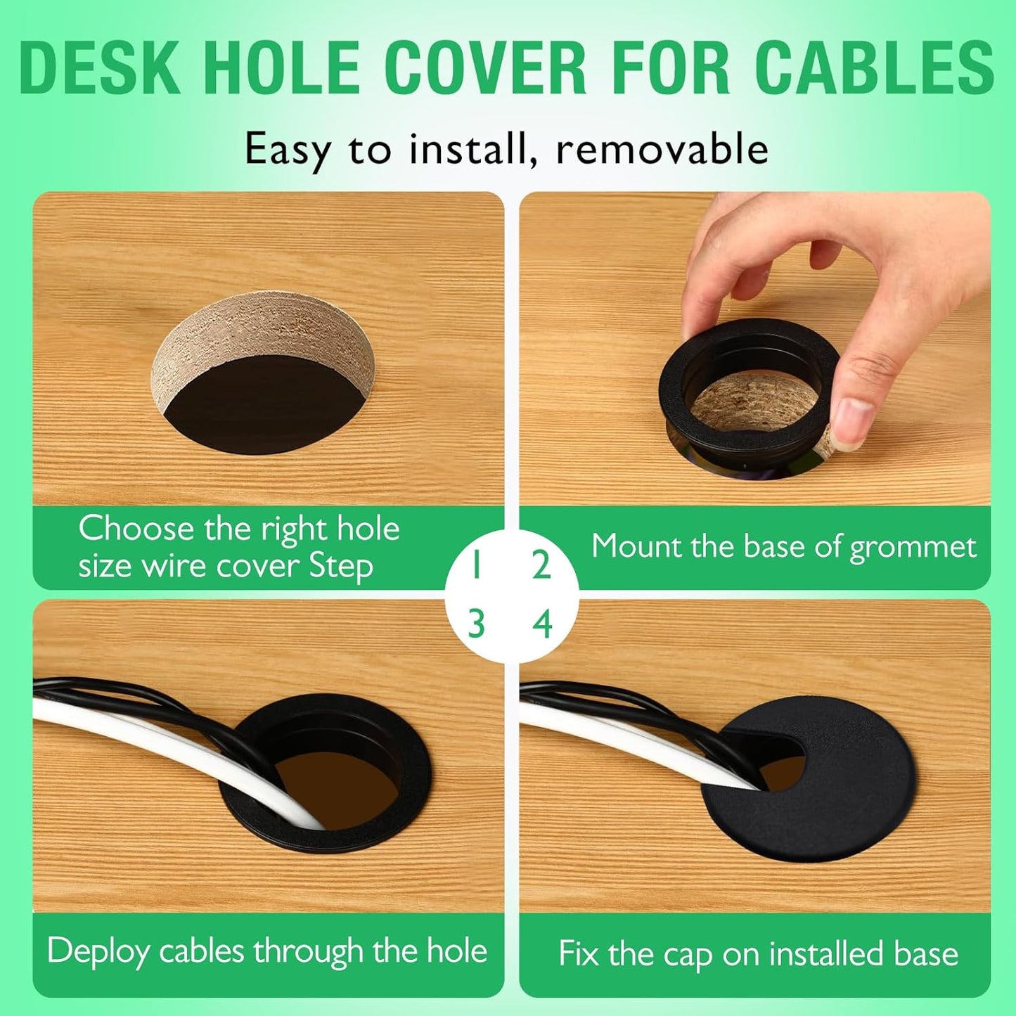 2 Pcs Desk Grommet 2" / 50 mm, Desk Cord Hole Cover, Cable Grommet ABS Plastic, Desk Hole Grommet for Home & Office Pc, Detachable Cable Cord Organizer-Black