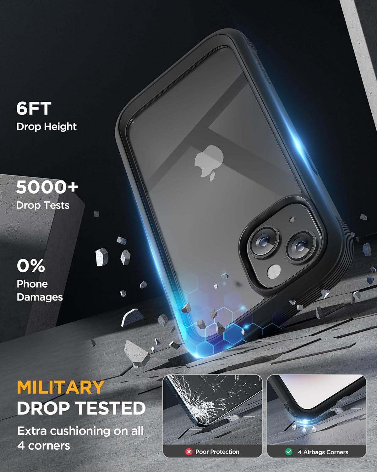 Miracase Glass Series Designed for iPhone 15 Plus Case 6.7',Full-Body Military Drop Proof 15 Plus Phone Case Cover with Built-in 9H Tempered Glass Screen Protector,Black