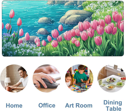 Large Mouse Pad Blooming Tulips Gaming Desk Pad Computer Keyboard Non-Slip Waterproof Mouse Mat with Rubber Base and Stitched Edges Entertainment Office Writing Desk Mat 35.4 x 15.7 Inches