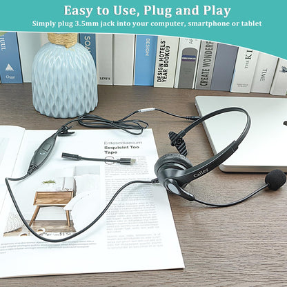 3.5mm Jack Cell Phone Headset with Microphone Noise Cancelling for PC Laptop, Wired Computer Headphones for iPhone Android Zoom Home Office Work School Classroom, in-line Control, Comfort-Fit