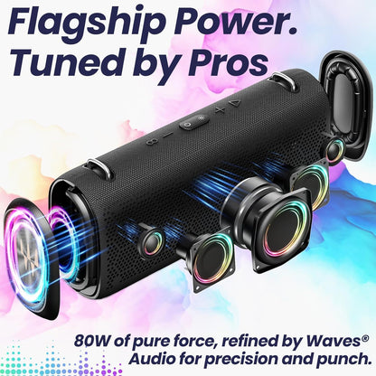 Vibe Pro Outdoor Bluetooth Speaker, 80W Peak Loud Portable Wireless Speaker, Waterproof IPX65, Deep Bass, RGB Lights, Studio Quality Sound Powered by Waves Audio, Party & Pool Ready (Black)