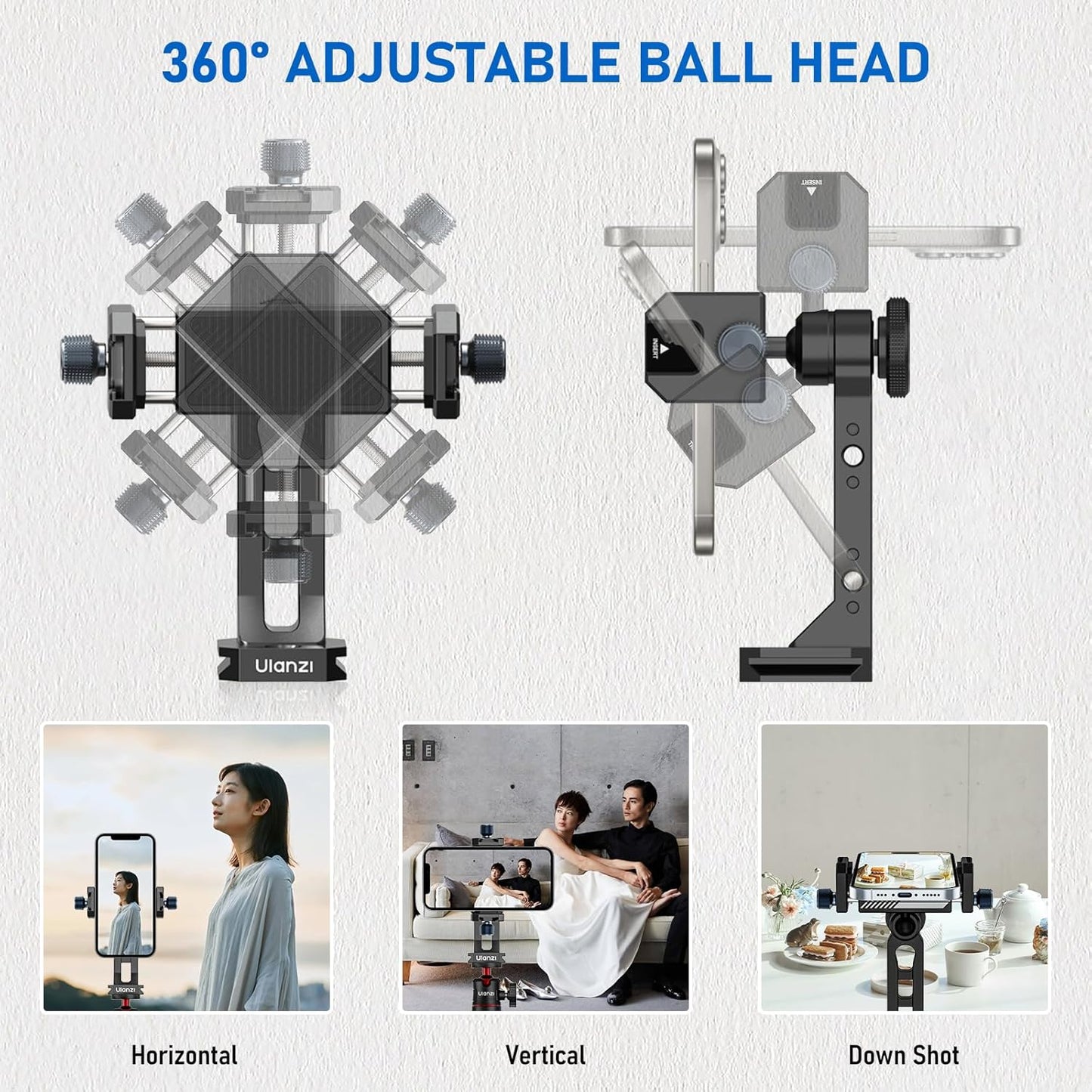 Ulanzi MA53 Metal Tripod Phone Mount, Smartphone Tripods Adapter with Arca Swiss/Uka Port, 2 Cold Shoe, 360° Cellphone Tripod Mount, for iPhone 17 Samsung Holder for Photo Video Vlogging Rig