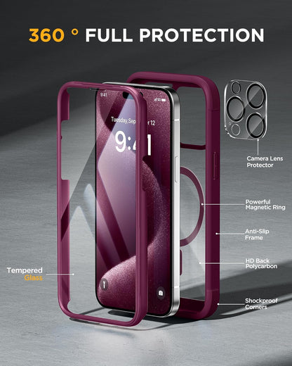 Miracase Magnetic for iPhone 12 Pro Max Case [Compatible with MagSafe] Full-Body Phone case with Built-in Glass Screen Protector& Camera Protector, Military Drop Proof 12 Pro Max Cover, Wine Red