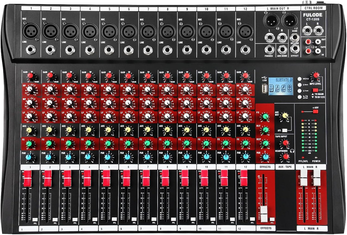 12 Channel Audio Mixer, Professional Music Mixer Board DJ Mixing Console with Bluetooth, USB/MP3 Player, Reverb, and 48V Phantom Power for Studio Recording, Karaoke, and Live Performances