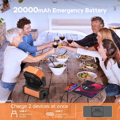 KITWLEMEN Camping Fan with Light - 20000mAh Rechargeable Battery Fan, 60Hrs Max Run Time, 4 Speeds, Timer, Auto Oscillation, 270° Pivot & Hook for Camping, Power Outage, Hurricane