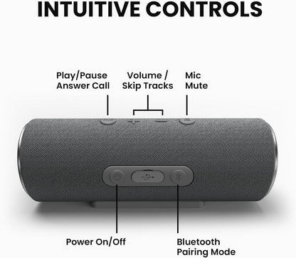 Cleer Scene Wireless Bluetooth Speaker, Stereo Wireless Pairing, Waterproof IPX7, 12Hrs Play time, Deep Bass, Built-in Mic, Powerful Portable Speakers, for Outdoor & Party, Home, Grey