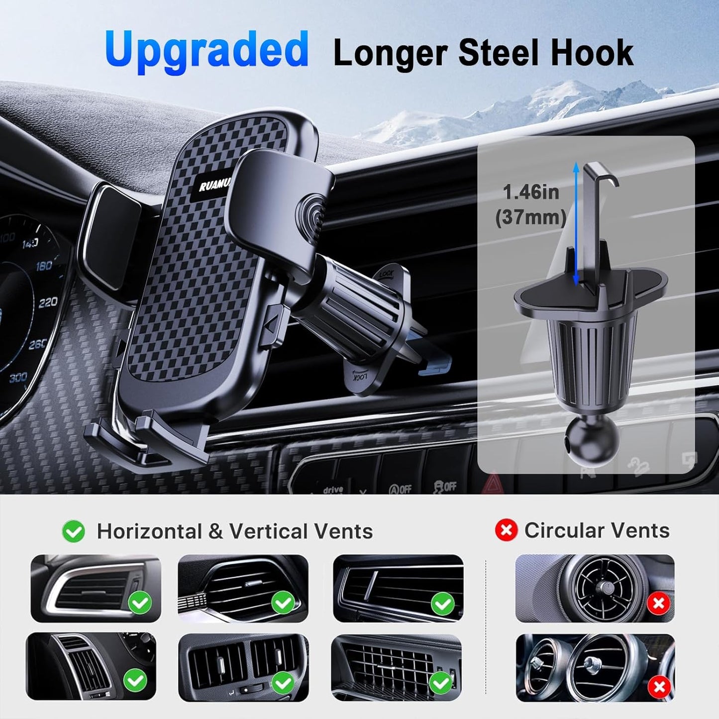 [2025 NEW] Car Phone Holder for Horizontal/Vertical Vent [Upgraded Metal Hook Clip] [Wider Clamp & Fit Thicker Case]Universal Cellphone Stand Car Mount Cradle for iPhone 16 Pro Max 15 14 13 SE Android