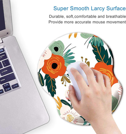 ITNRSIIET Ergonomic Mouse Pad with Gel Wrist Support Small Wrist Rest Smooth Surface Non-Slip PU Base Comfortable Office Supplies Pain Relief, 8.7 x 7.2 inches, Orange Flower