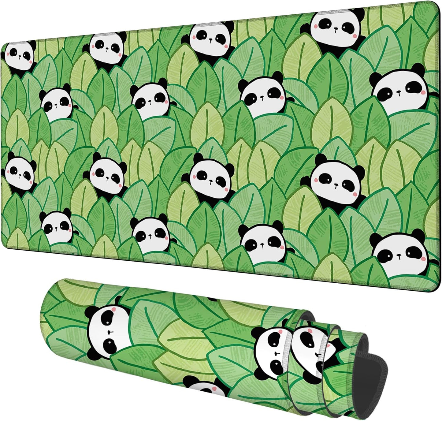 Panda and Leaves Gaming Mouse Pad 3mm Thick Stitched Edge Waterproof Non-Slip Large Computer Keyboard Mouse Mat,Suitable for Office Entertainment Decorative Desk Pad 35.4 x 15.7 Inches