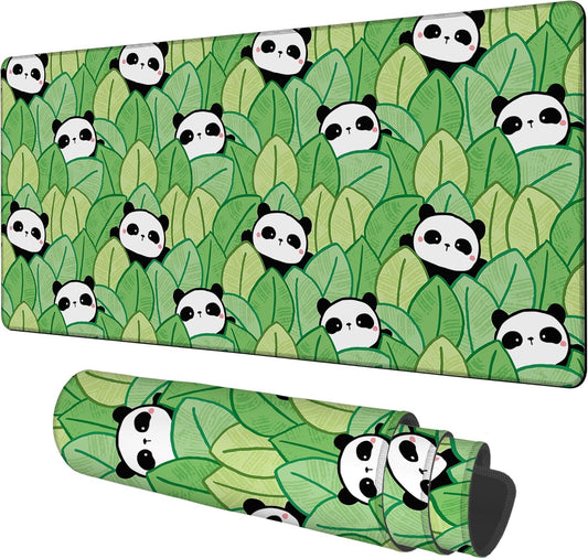 Panda and Leaves Gaming Mouse Pad 3mm Thick Stitched Edge Waterproof Non-Slip Large Computer Keyboard Mouse Mat,Suitable for Office Entertainment Decorative Desk Pad 35.4 x 15.7 Inches