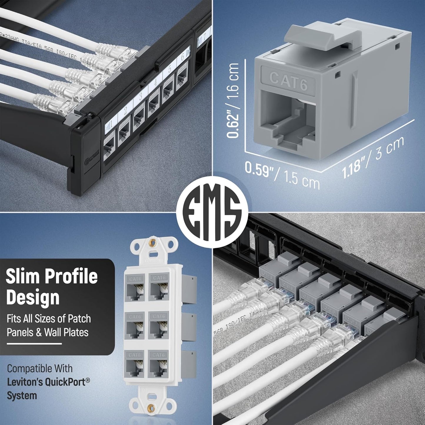 Everest Cat6 RJ45 Keystone Coupler (6-Pack) in Gray - RJ45 Coupler - Cat 6 Couplers - Female to Female Cat6 Keystone Jacks - Ethernet Couplers - Ethernet Cable Extender