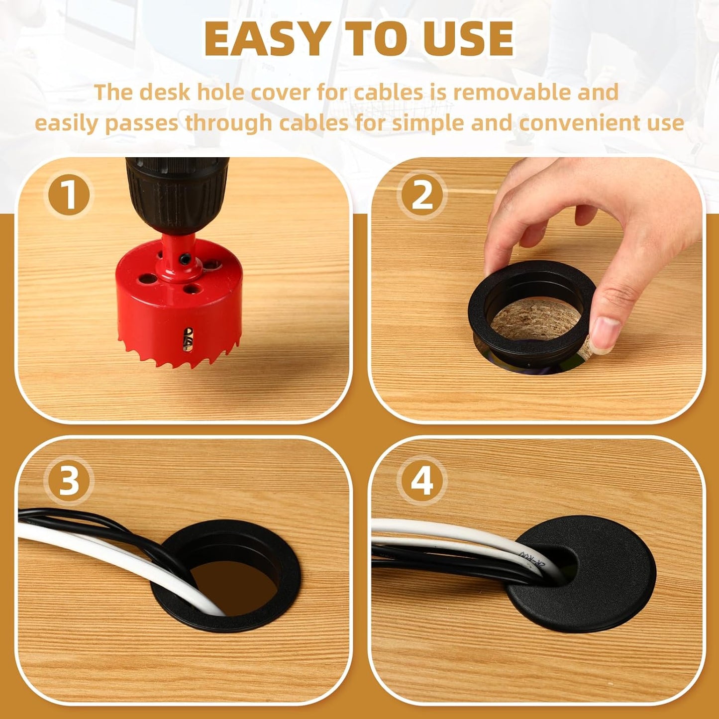 Desk Grommet 2 Inch (50 mm) 10 Pieces, Desk Hole Cover for Cables Black, ABS Plastic Grommet Hole Cover with Hole Saw for Wires Cables Through The Countertop by XIOGZAXI