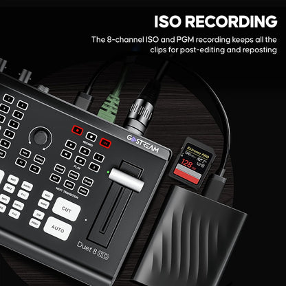 Osee GoStream Duet 8 ISO, 8 Channels Video Switcher with 4 4K-HDMI, 4 SDI, and 4 NDI HX/ 4 SRT/ 4 RTMP/ 2 Webcam. 2 XLR Audio, 8 Layouts, Isolated Recording, Podcast Unit for YouTube, Facebook