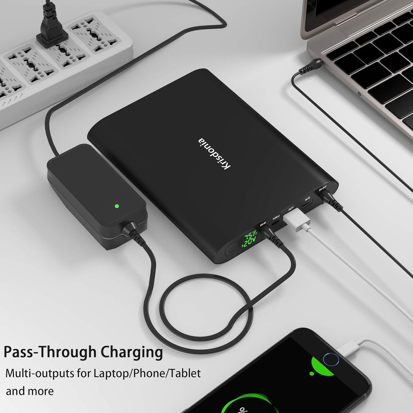 Krisdonia 50000mAh Laptop Power Bank 5/9/12/16/19/20V Portable Laptop Battery Charger with QC3.0 USB-A Port & 12V Type-C Port for Laptop, Tablet, Smartphone and More Devices