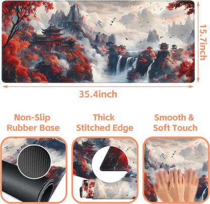 Mouse Pad Large Chinese-Style Landscape Painting Non-Slip Gaming Desk Mat with Stitched Edge Laptop Keyboard Desk Pad for Work Home Gaming (35.4 x 15.7 Inches)