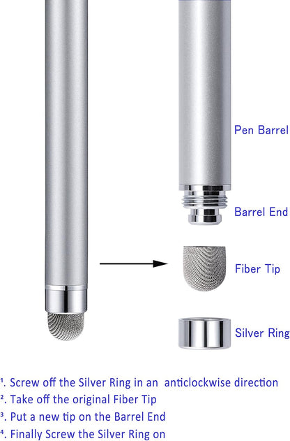 Stylus, 4 Pcs 5.0 Inch Mesh Fiber Tip Stylus Pens for Touch Screen, Compatible with iPad, iPhone, Kindle Fire, 4 Extra Replaceable Hybrid Fiber Tips (White, Black, Silver, Blue)