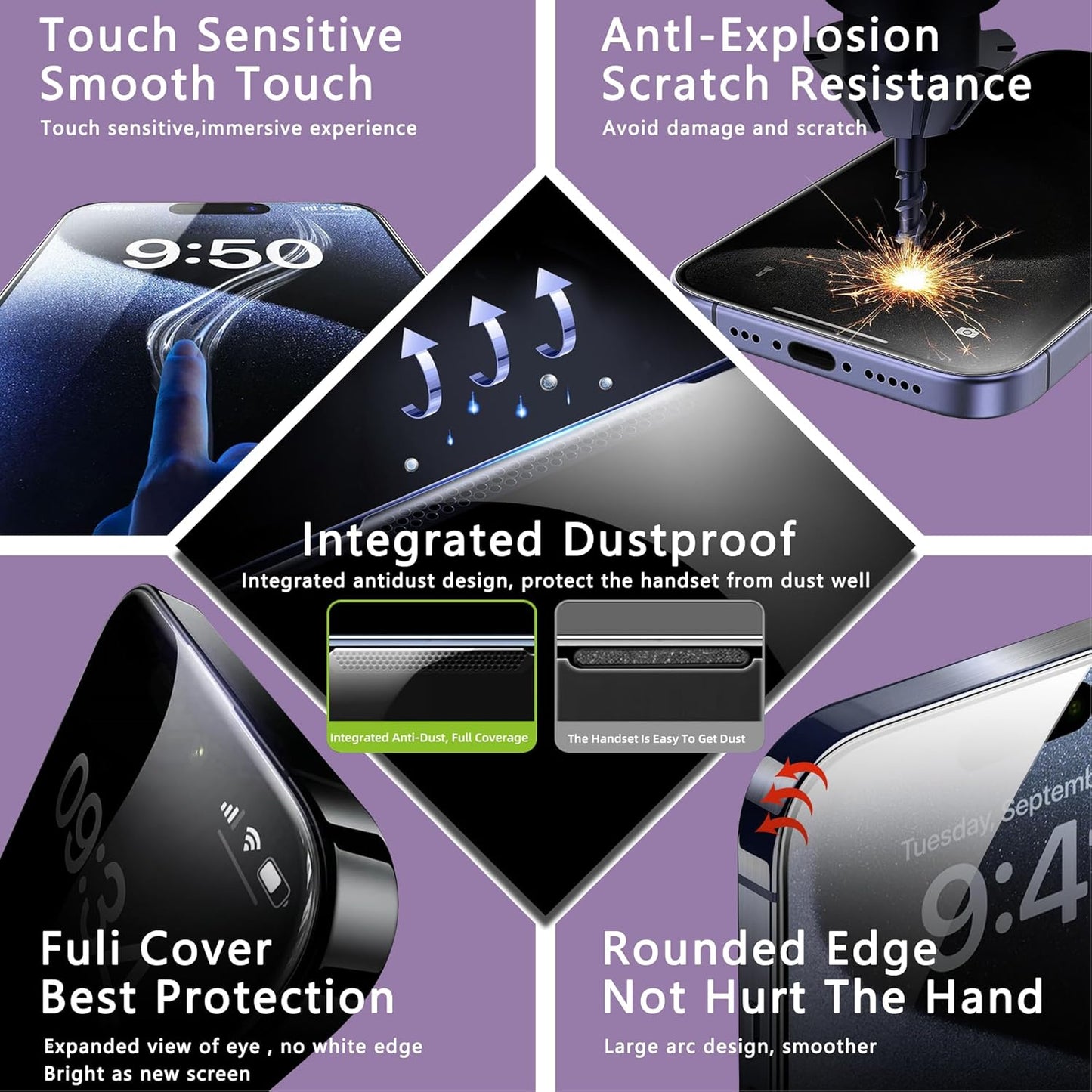 2 Pack Privacy Screen Protector for iPhone 13 Pro Max/iPhon 14 Plus, 9H Tempered Glass, Full Coverage, Anti-Fingerprint, Auto Dust-Elimination, No Bubble, Easy Installation