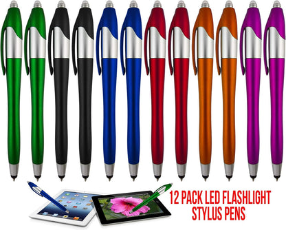 Stylus Pen, 3-1 Multi-Function, Ball Point Black Ink Pen, Capacitive Stylus for Touchscreen Devices, LED Flashlight, Medical Pen Light,for Home,Work,Doctors, and Nurses (12 Pack, Multi-Color)