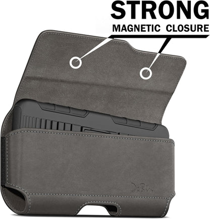DeBin Holster for Large iPhone Plus, Pro Max Models 16 15 14 13 12 11 Xs Max – Leather Cell Phone Belt Holder Case with Clip, Carrying Pouch Cover Fits Phone with Case on, Pewter