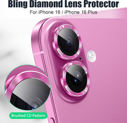 AGVEE 3+3 6 Pack for iPhone 16 6.1" / 16 Plus 6.7" Camera Lens Cover Protector, Bling Glitter & CD-Textured Metal Ring 9H Tempered HD Glass Camera Cover Protector Film, Glitter-Rose