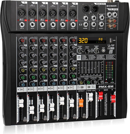Audio Mixer 6 Channel Professional Mixer Console with 320 DSP Effects, 7-band EQ Sound Mixing Board Digital DJ Mixer w/USB Bluetooth MP3 for Recording, Independent 48V Power & Mute Button