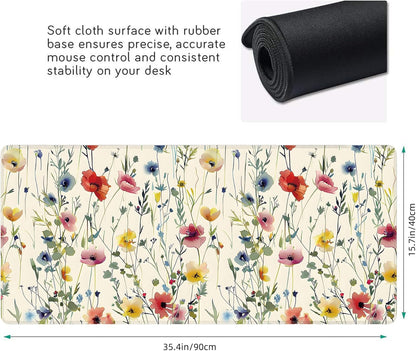 Wild Flowers Large Mouse Pad,Gaming Keyboard Desk Pad,Extended Mouse Mat Non-Slip Rubber Base with Stitched Edges for Office Game Home XXL 35.4"x15.7"