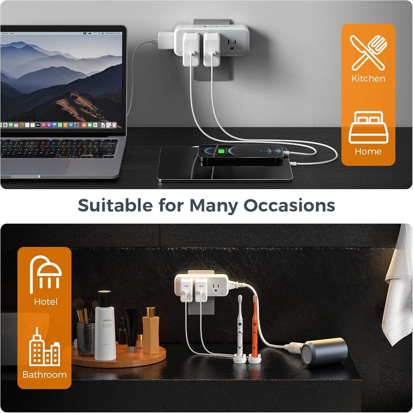 Multi Plug Outlet Extender, Wall Charger, TESSAN Multiple Plug Surge Protector, 5 Outlets and 3 USB (2 USB C), Electrical Power Expander with Surge Protector Spaced for Home Office Dorm Room