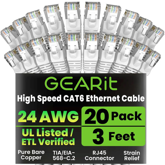 GEARit Cat 6 Ethernet Cable (20-Pack 3 Feet) Cat6 Network Patch, 10Gbps, RJ45, Snagless Cord, Gold-Plated Connectors, Internet for PC, TV, Tablet, Router, Printer, Servers, IT Data Center - White