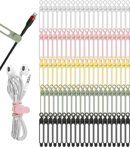 Nearockle 100Pcs Silicone Cable Ties Cord Organizer for Bundling Earphone, Phone Charger, Computer Cords, Reusable Cable Ties Wire Organizer in Home,Office,Kitchen,School (5 Colors)