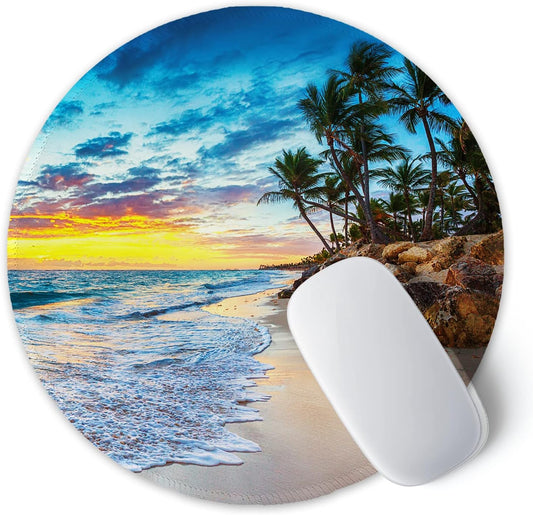 ITNRSIIET Round Mouse Pad with Stitched Edge Premium-Textured Waterproof Non-Slip Rubber Base Desktop Protection Mat Diameter 8.7 inches, Beach
