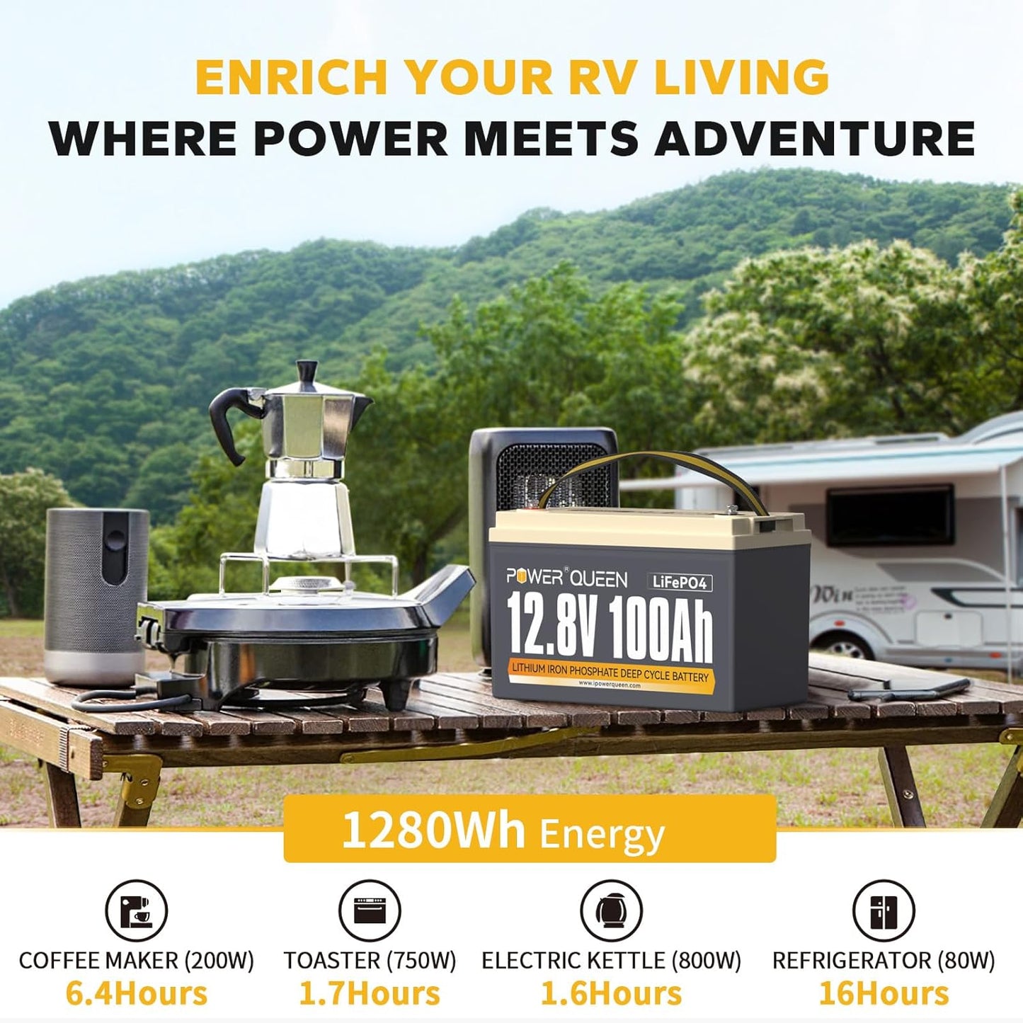 Power Queen 12.8V 100Ah LiFePO4 Battery with 14.6V 20A LiFePO4 Battery Charger; Built-in 100A BMS, Fast and Fully Charged, 4000+ Cycles, Perfect for RV, Trailer, Camping, Solar System