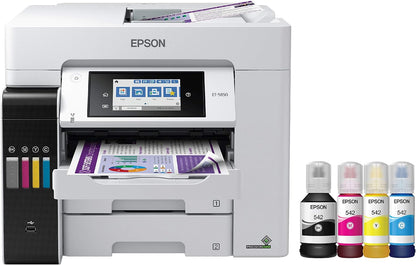 Epson EcoTank Pro ET-5850 Wireless Color All-in-One Supertank Printer with Scanner, Copier, Fax and Ethernet, White & EPSON T542 EcoTank Ink & EPSON T542 EcoTank Ink Ultra-high Capacity Bottle Black