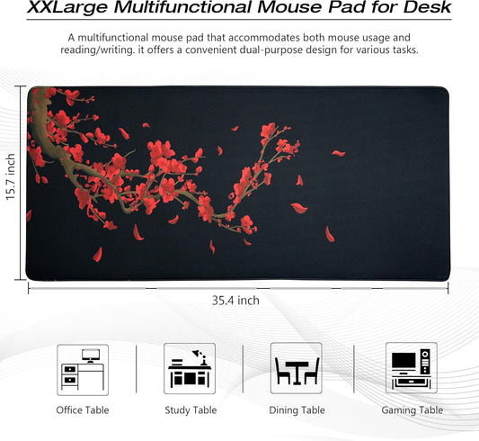 Large Gaming Mouse Pad for Desk, Black Plum Blossoms XXL Mouse Pad, 35.4x15.7 Inch, Waterproof, Non-Slip Rubber Base