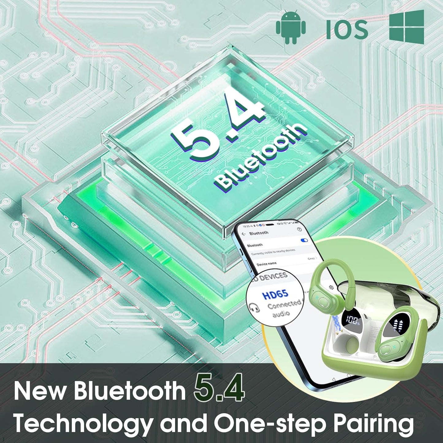 Wireless Earbuds 75hrs Bluetooth 5.4 Headphone Sport, 2025 Bluetooth Earbuds Stereo Deep Bass Over Ear Bud with Earhooks, ENC Noise Cancelling Mic, IPX7 Waterproof Earphone, Green