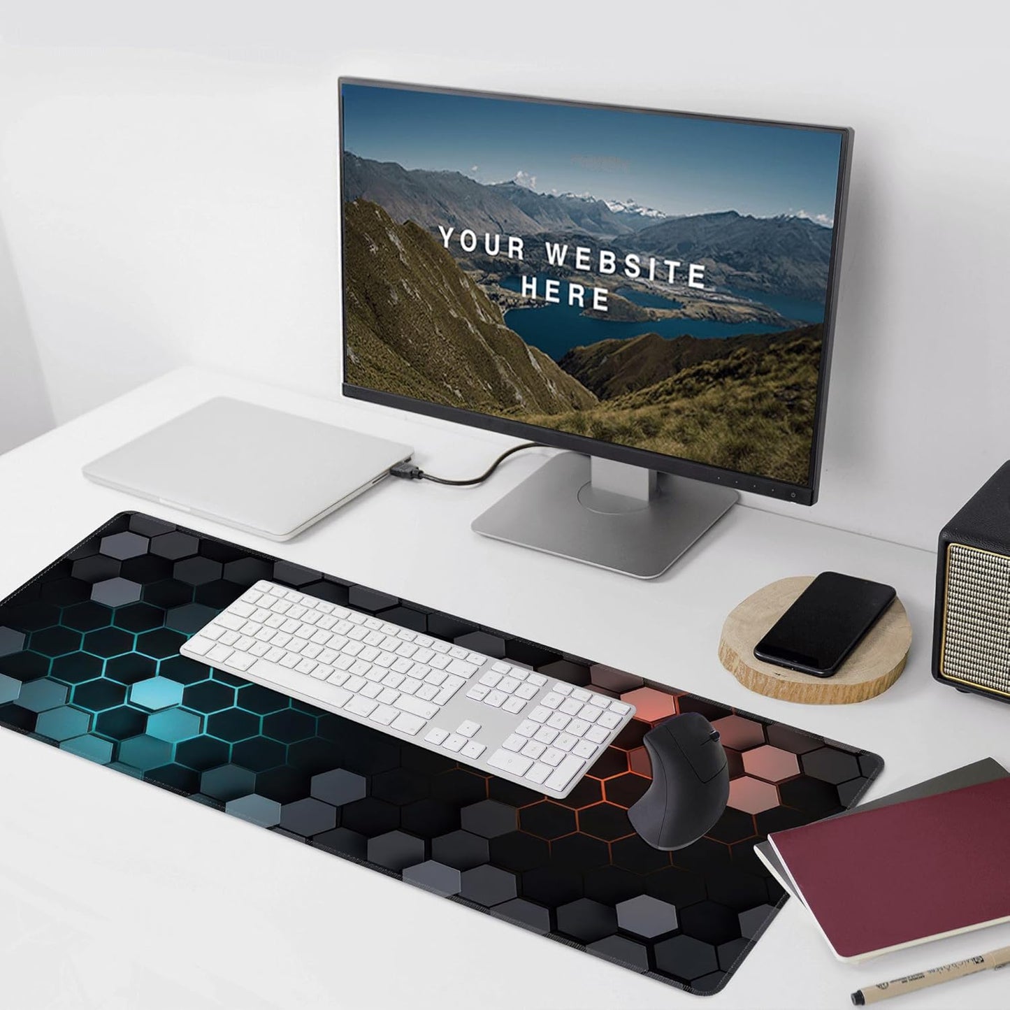 Hexagon Honeycomb Large Mouse Pad,Gaming Keyboard Desk Pad,Extended Mouse Mat Non-Slip Rubber Base with Stitched Edges for Office Game Home XXL 35.4"x15.7"