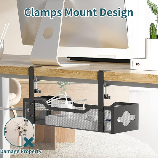 Under Desk Cable Management Tray No Drill, Metal Mesh Cable Management Under Desk with Clamp Mount, 2 Hole Cable Tray with Wire Management and Cord Organizer for Home Office Standing Desk