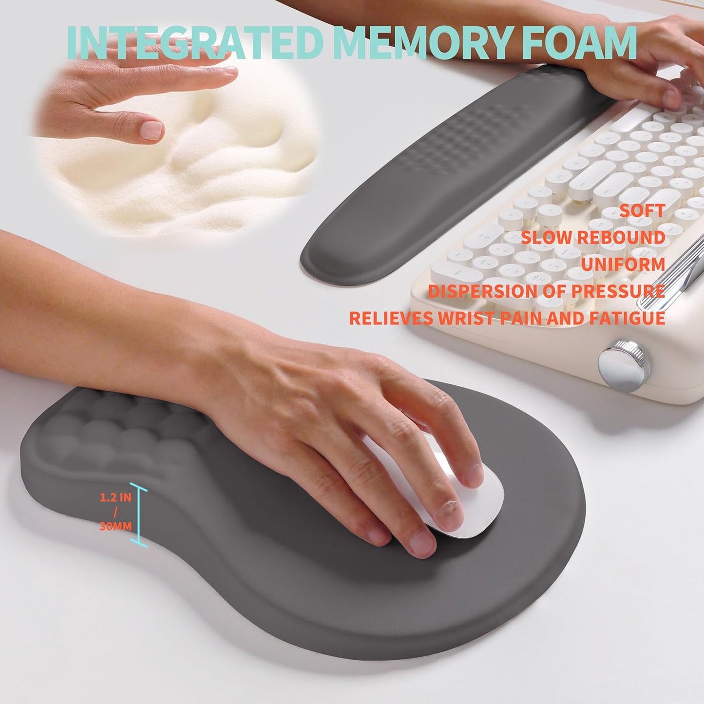 2-in-1 Ergonomic Set, Wave Rise Keyboard Wrist Rest and Massage Bulge Slope Mouse Pad Wrist Support, Cushion Memory Foam Integrated to Relieve Wrist Pain, Deep Gray
