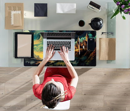 Cool Aesthetic Castle Mouse Pad Desk Pad Cute Cloudy and Starry Desk Mat, Office Desk Decor Anime Mousepad Laptop Keyboard and Mouse Mat, XXL Large Extended Gaming Deskmat for Girl 31.5x15.75 in