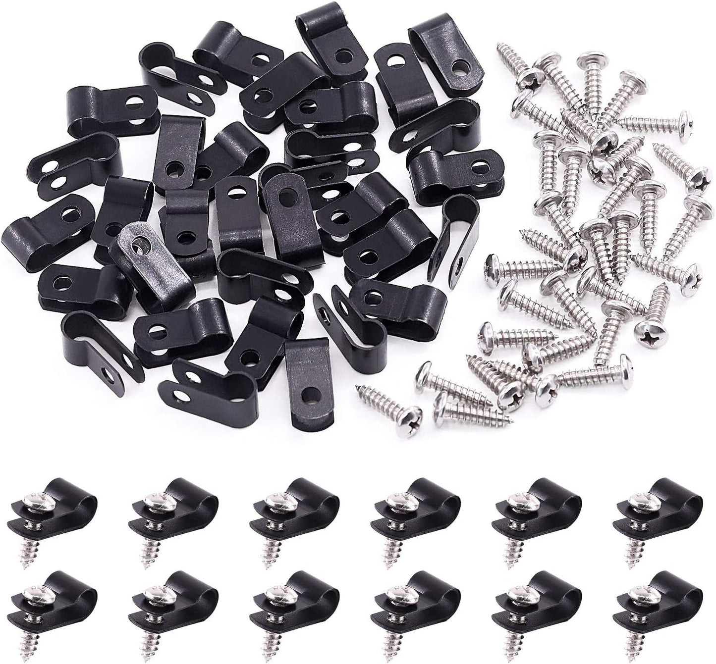 Swpeet 120 Pack Black 1/4 Inch Nylon Plastic R-Type Cable Clips Clamp Kit, Nylon Screw Mounting Cord Fastener Clips with 120 Pack Screws for Wire Management (1/4 Inch, Black)