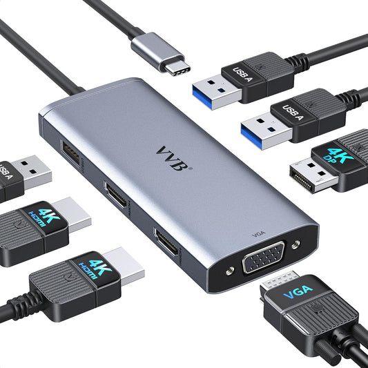 USB C to Dual HDMI Adapter,USB C Docking Station Dual Monitor Hub for Dell/HP/Lenovo Laptop,iPhone 15,USB C Hub Dongle Multi Monitors Adapter with 2 HDMI Ports+Displayport DP Port+VGA+3 USB