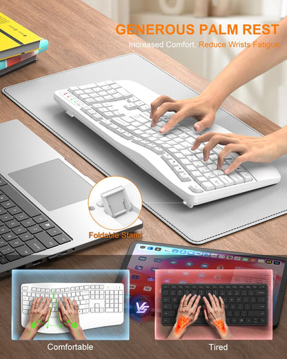 EDJO Ergonomic Wireless Keyboard for Large Hands, with Wrist Rest, Wave Keys, 2.4GHz Full Size Ergo Cordless USB Computer Keyboard, Comfortable Natural Typing, for Laptop, Mac, Windows (White)