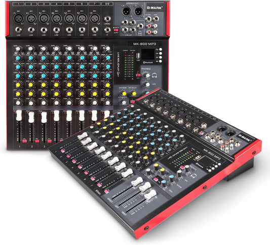 G-MARK MK800MP3 Professional Audio Mixer Sound Board 8 Channels Mixing Console with MP3 Player +48V Phantom Power Digital USB Bluetooth Reverb DJ Mixer Audio for PC Karaoke Stage Studio Recording