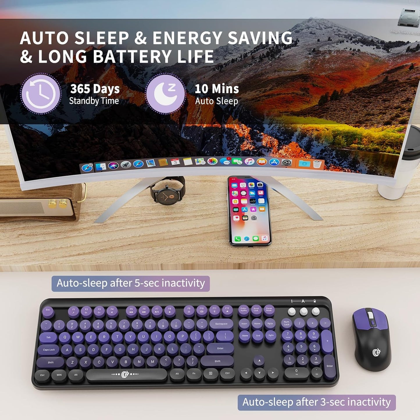 Wireless Keyboard and Mouse Combo, 104 Round Keys Cute Colorful Keyboard and Mouse with Retro Typewriter for PC/Mac/Laptop/Tablet/Computer/Windows Black Purple