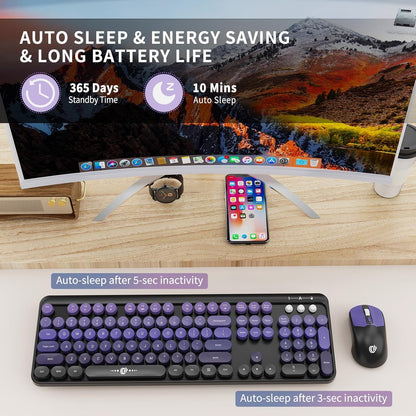 Wireless Keyboard and Mouse Combo, 104 Round Keys Cute Colorful Keyboard and Mouse with Retro Typewriter for PC/Mac/Laptop/Tablet/Computer/Windows Black Purple