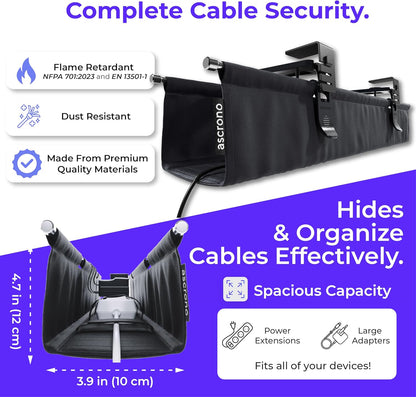 Ascrono Original No Drill Under Desk Cable Management Tray 53.9" - Premium Black Fabric Cable Management Under Desk - Clamp/Screw Mount Cord Organizer - Supports Upto 66lbs - Extra Large