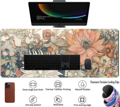 Japanese Minimalist Floral Desk Mat Aesthetic Flowers XL Large Extended Gaming Mouse Pad with Stitched Edges, Big Laptop Computer Keyboard and Mouse Mat for Girl Women Office Decor 31.5x11.8 in