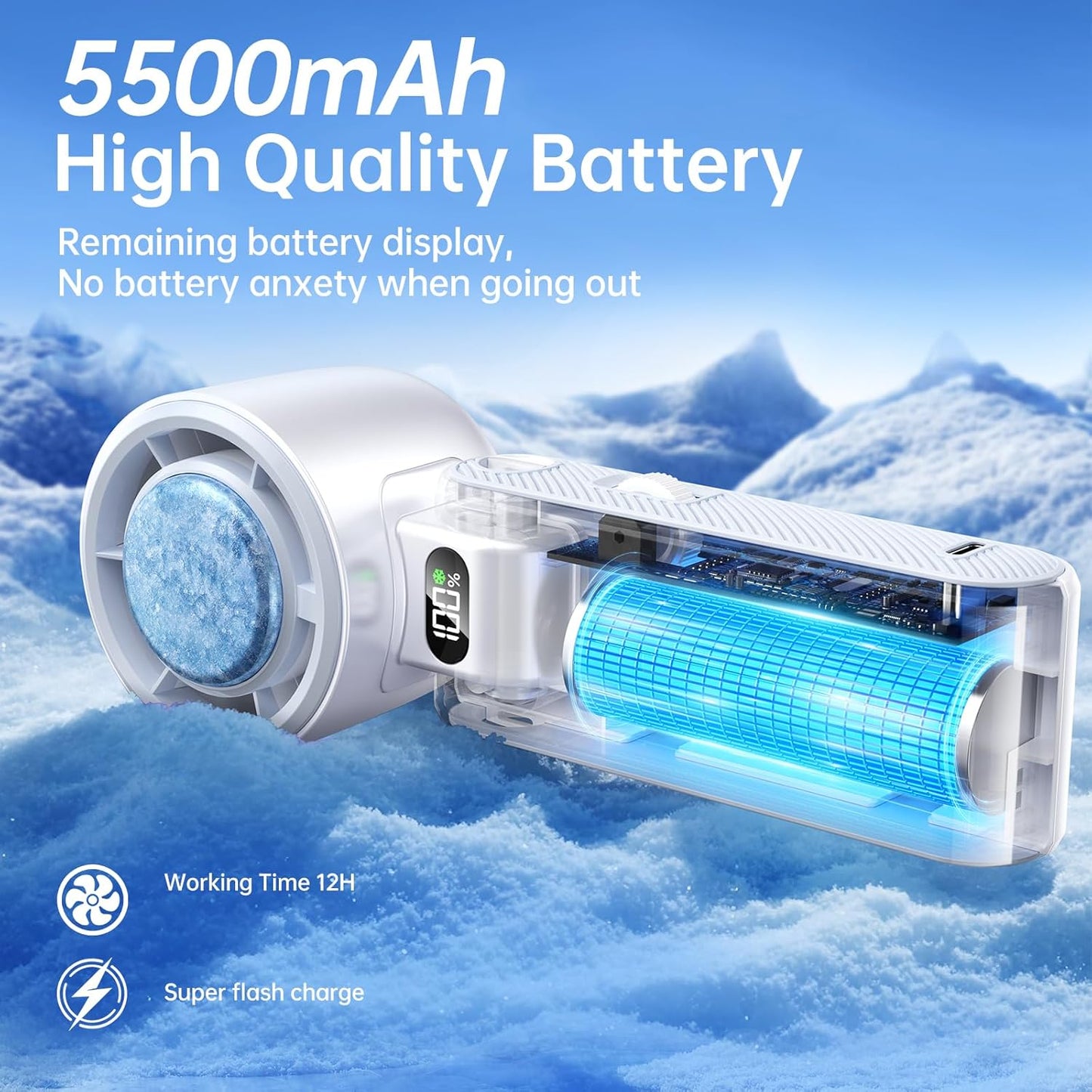 Handheld Portable Fan with Ice Cooler: 100-Speed 5500mAh Rechargeable Handheld Fan, 12H Time Hand Cooling Personal Fans with 20000 RPM Air Turbo Tech for Travel Outdoor (White)