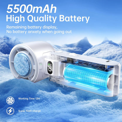 Handheld Portable Fan with Ice Cooler: 100-Speed 5500mAh Rechargeable Handheld Fan, 12H Time Hand Cooling Personal Fans with 20000 RPM Air Turbo Tech for Travel Outdoor (White)